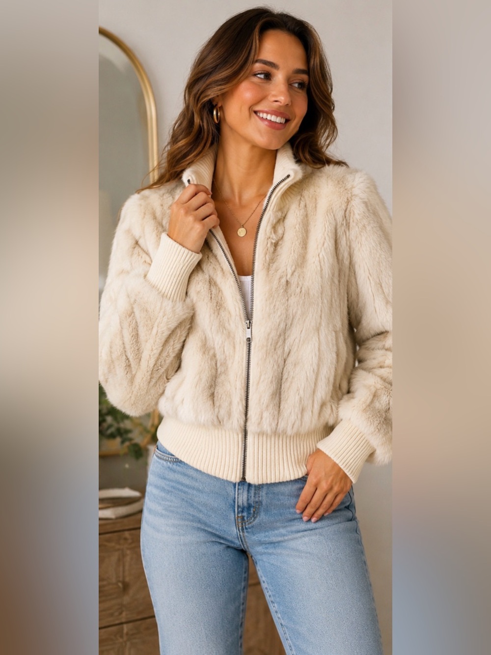 INC International Concepts Cream Faux Fur Zip-Up Jacket